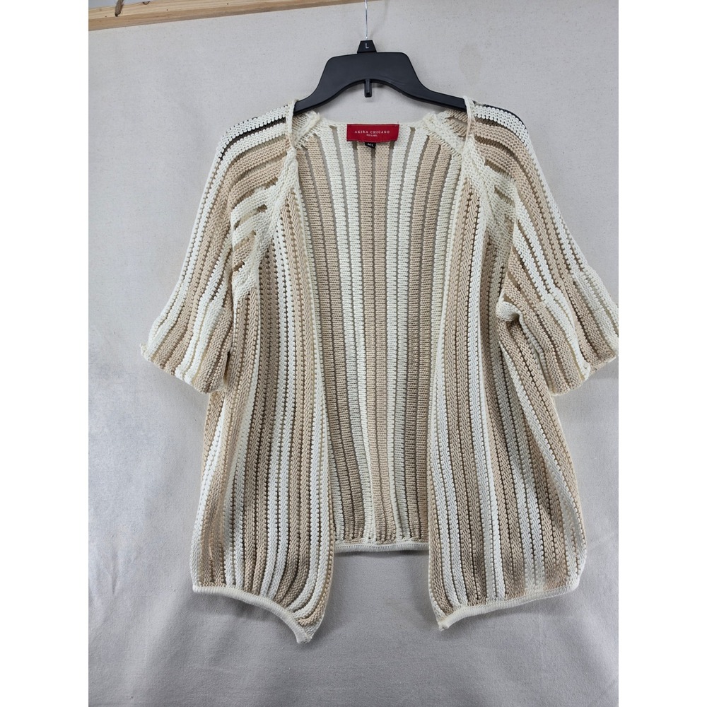 Akira Chicago Red Label Striped Open Front Knit Cardigan Tan Cream ML